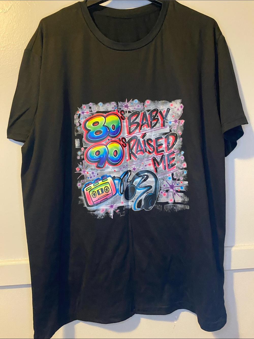 Unisex Black Short-Sleeve Graphic Tee — '80s baby, ‘90s Raised Me - size XL